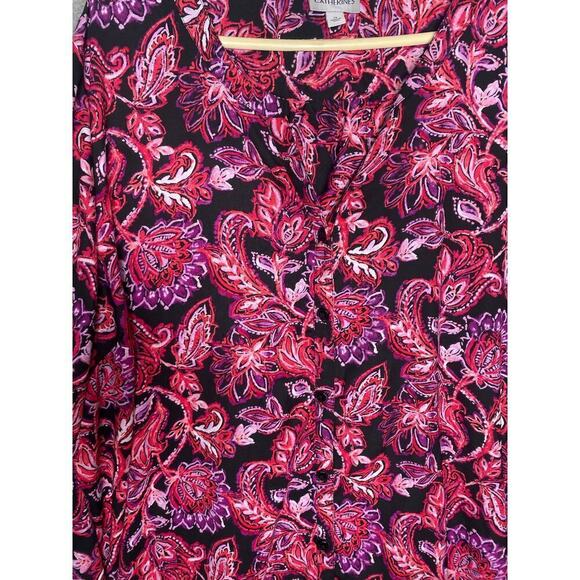 Catherines roll tab sleeve button up pink floral dressy stretch career girly 3X - Picture 2 of 9